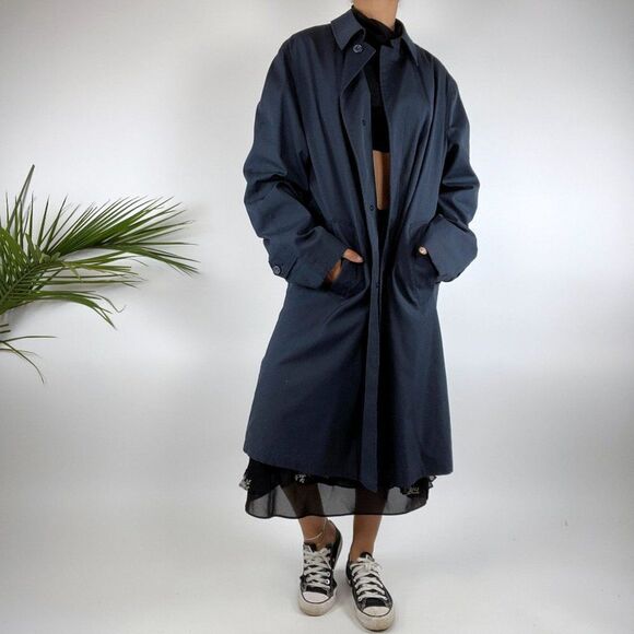 Vintage 90s Grunge Indie Navy Blue Streetwear Men's Trench Raincoat / Size: 38L - Picture 3 of 5